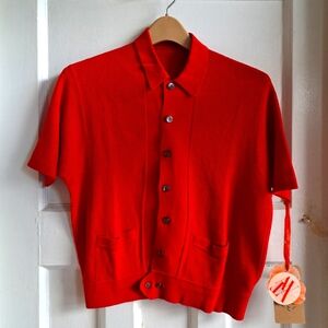 1960's Knit Shirt - Bright Red 60s Short Sleeve Button down - Collared Knit